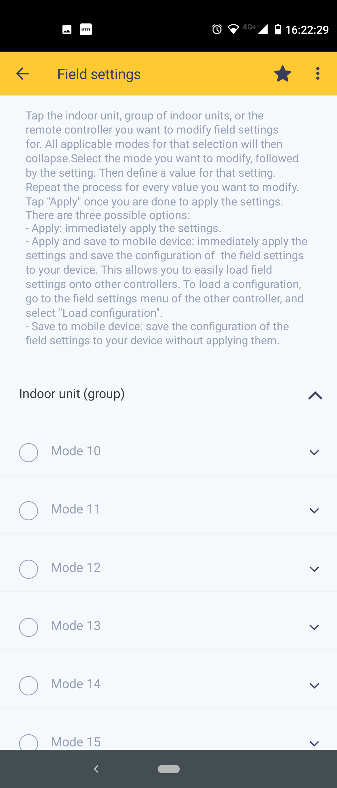 Lietotnes Madoka Assistant ekrāns „Field settings”