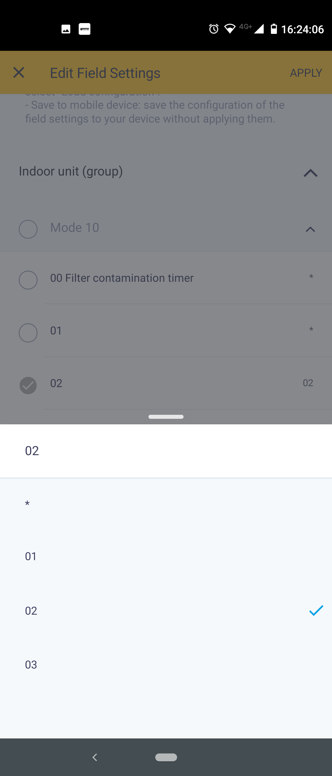 Lietotnes Madoka Assistant ekrāns „Edit Field” — „Mode 10”, vērtība „02”