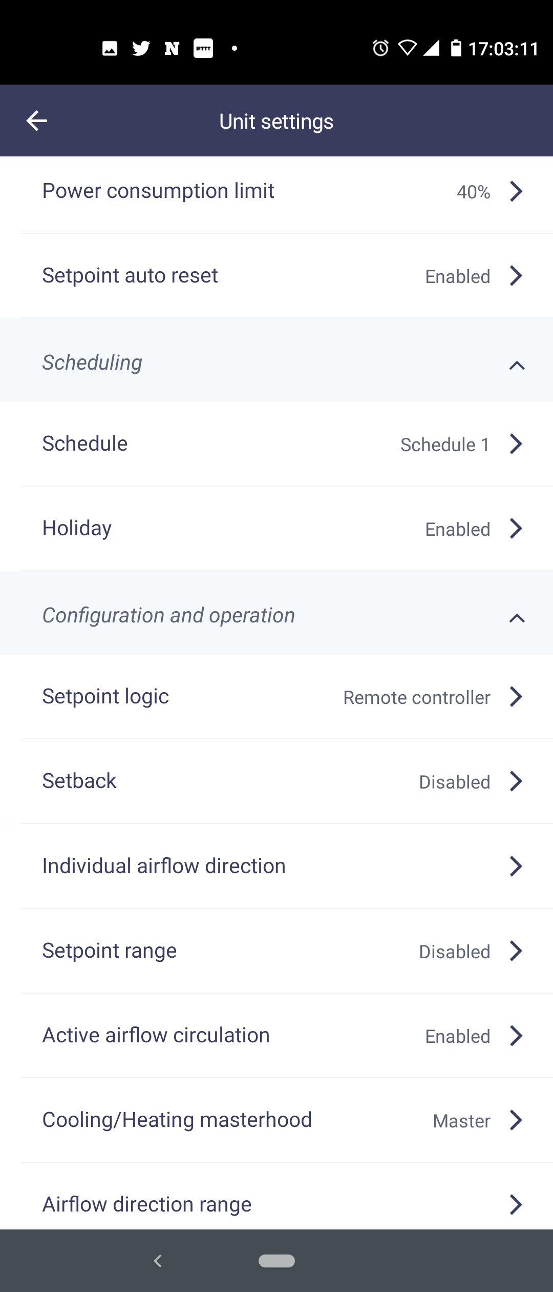 Lietotnes Madoka Assistant ekrāns „Unit settings”