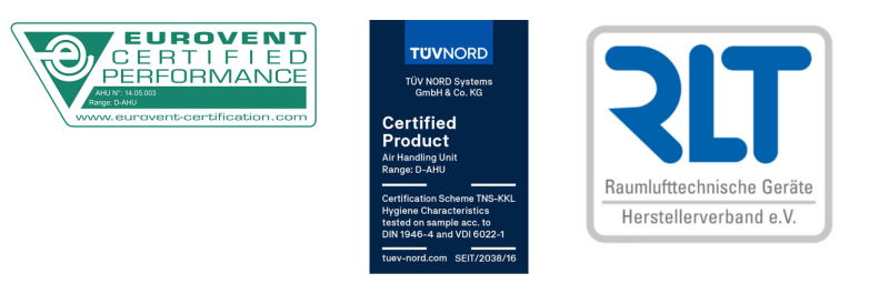 Daikin AHU kvalitātes apstiprinājuma sertifikāciju logotipi